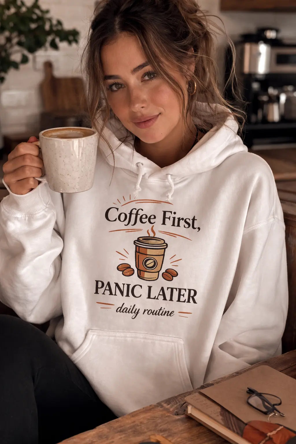 Coffee First, Panic Later Hoodie – Premium IMORA